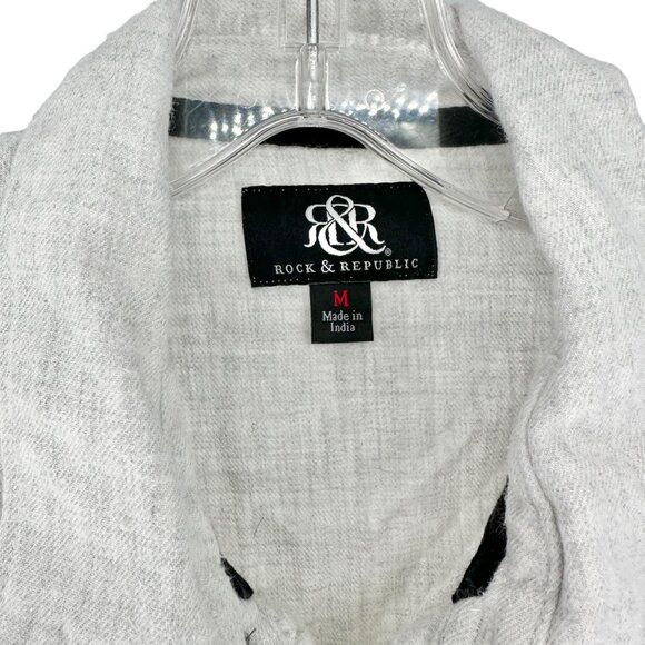 Rock & Republic Shirt Mens M Button Front Collared LS Roll Tab Black Gray White - Picture 4 of 9